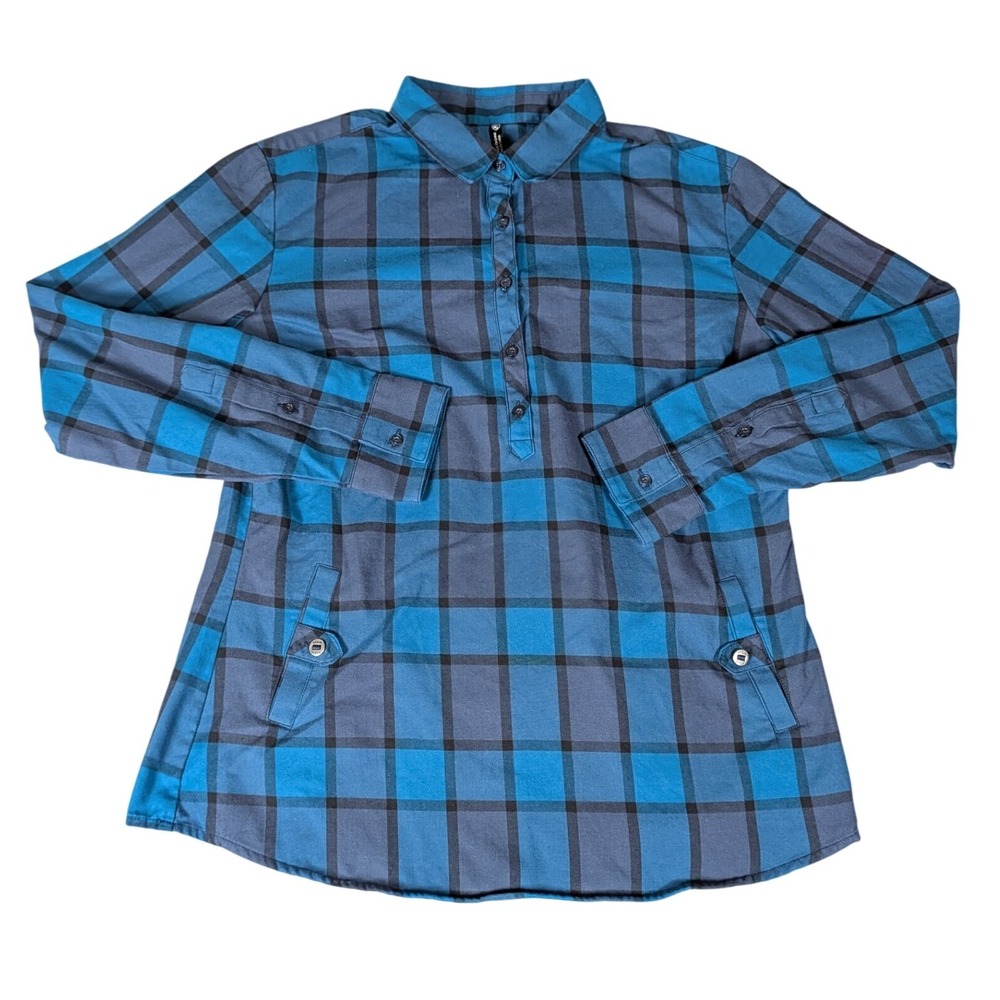Kuhl Womens Blue Plaid Flannel Pullover Henley Shirt Long Sleeve Mountain Top - Picture 2 of 10